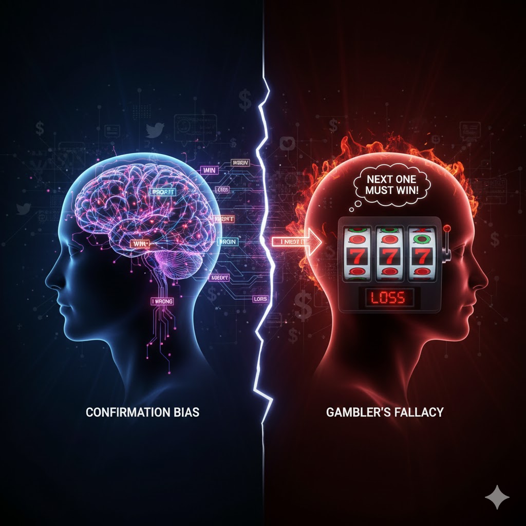 Mekanisme psikologis Confirmation Bias dan Gambler's Fallacy dalam memengaruhi keputusan kemenangan instan.